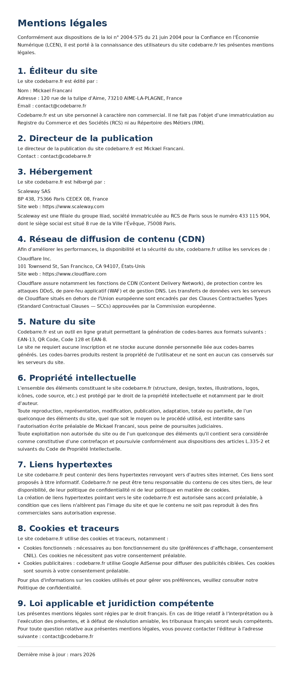 Mentions légales codebarre.fr