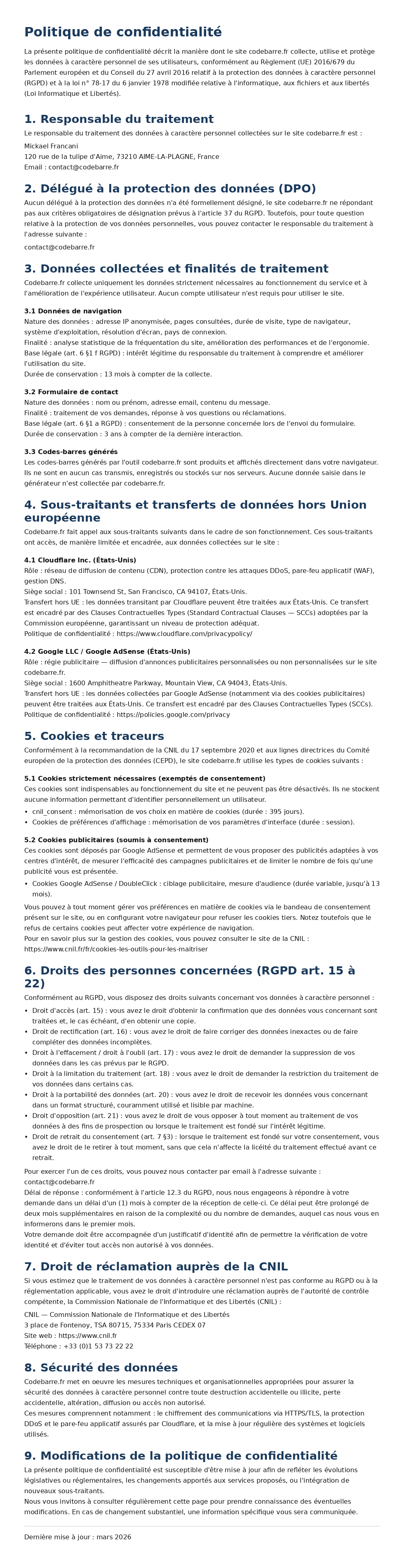 Politique de confidentialité codebarre.fr